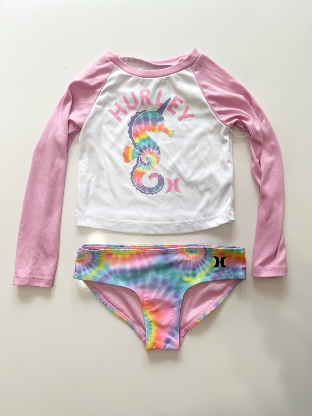 Hurley Pink White Tie-Dye Seahorse Rashguard Swim Set